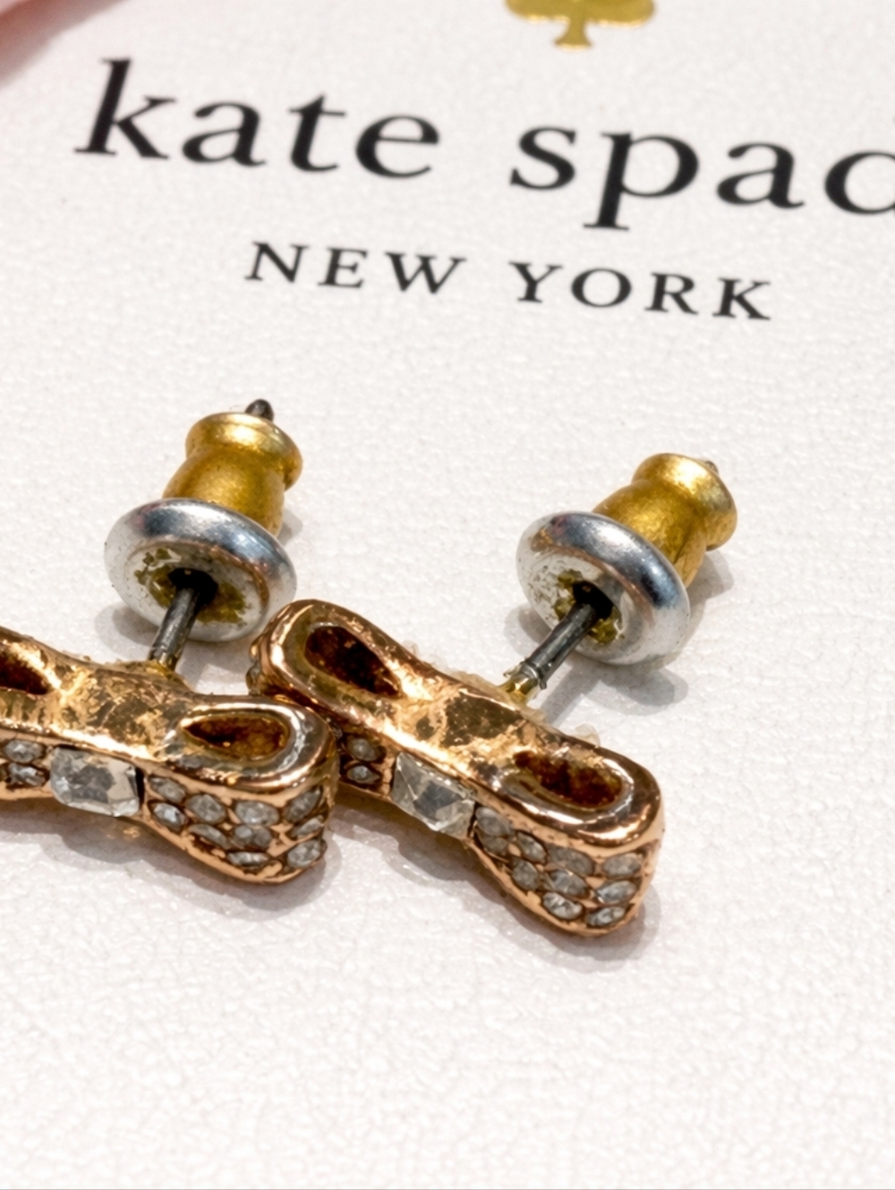 Gold-Tone Bow Stud Earrings with Clear Crystal Accents - Unbranded